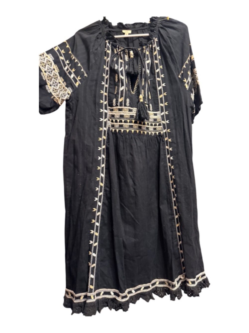 Reba Black Dress with Cream Embroidery and Tassel Tie